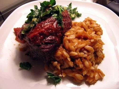 Babe, I’m on Fire: Braised Short Ribs with Horseradish Gremolata and Pumpkin Orzo