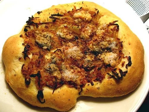 Homemade Pizza with Caramelized Onions, Rosemary & Gorgonzola