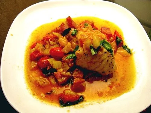 Molly Stevens’ Braised Monkfish with Cherry Tomatoes & Basil