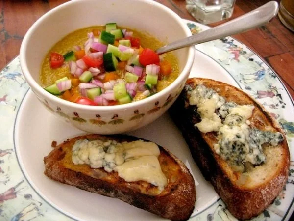 Gazpacho and Blue Cheese Toasts