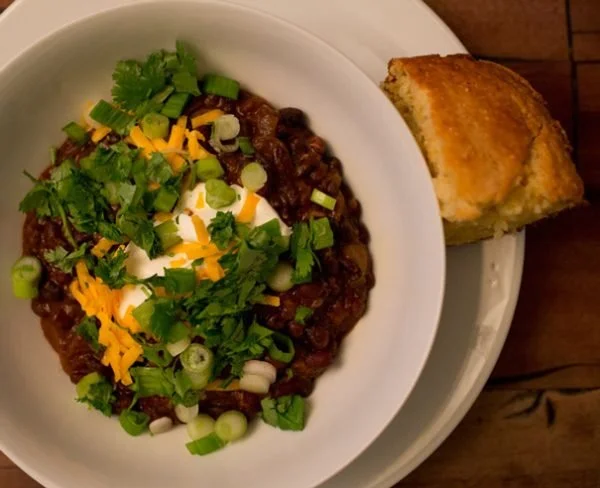 Summer Black Bean Chili with East Coast Grill Corn Bread