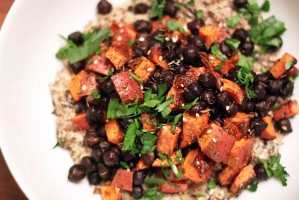 Black Chickpeas and Roasted Sweet Potatoes on Black Chickpea Hummus