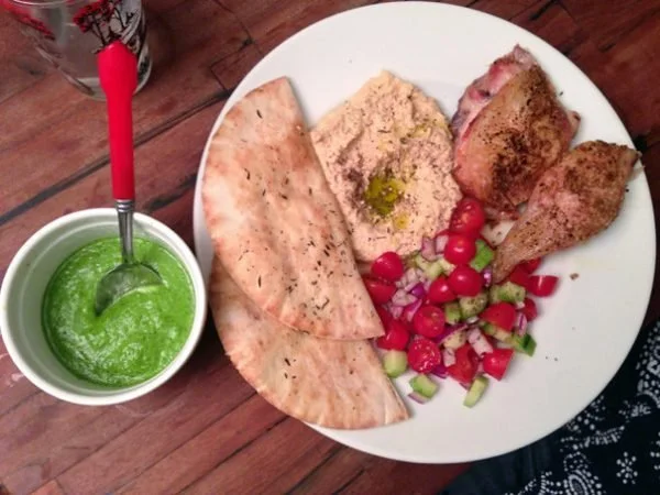 Chicken and Hummus Together On A Plate with Pita