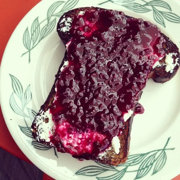 Burnt Brioche with Homemade Ricotta and Blueberry Tarragon Jam at SQIRL