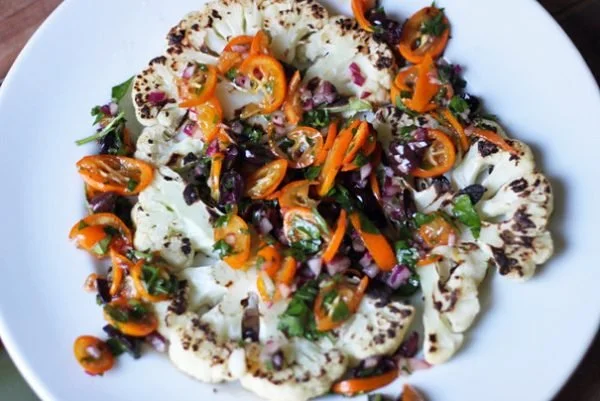 Grilled Cauliflower Steaks with Kumquat Olive Relish