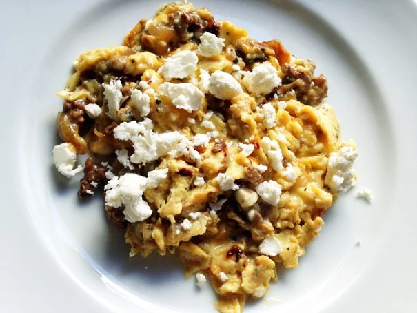 Scrambled Eggs with Lamb, Onions, and Feta