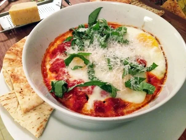 Eggs in Tomato Sauc with Sausage and Basil