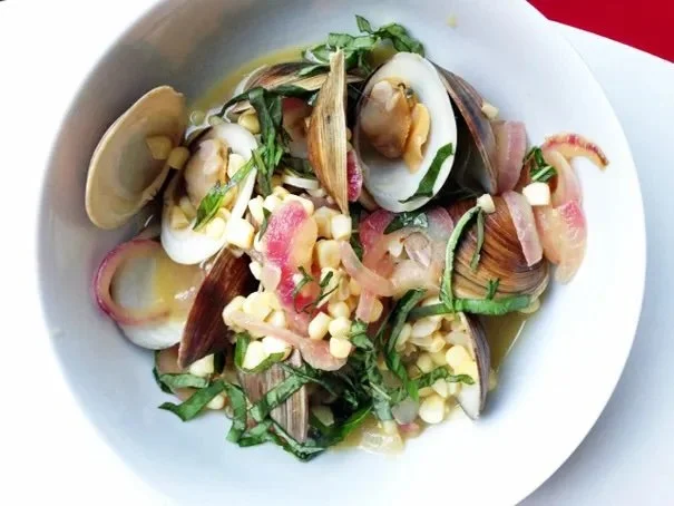 Clams with White Wine, Sweet Corn, and Basil