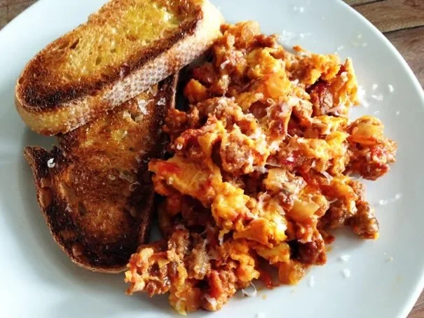 Scrambled Eggs with Sausage, Tomatoes, & Pecorino