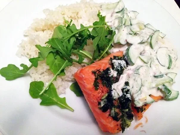 Slow-Roasted Salmon with Cucumber Yogurt and Quick-Preserved Lemons