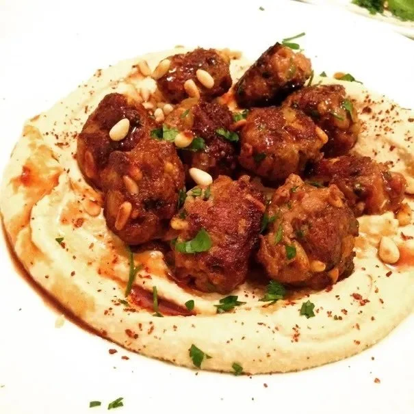 Lamb Meatballs on Ottolenghi’s Hummus with Pomegranate Molasses