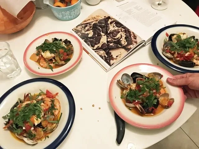 Lots of Seafood Cooked in a Big Pot with White Wine, Tomatoes, and Chiles de Arbol (Plus: Tahini Halva Brownies)