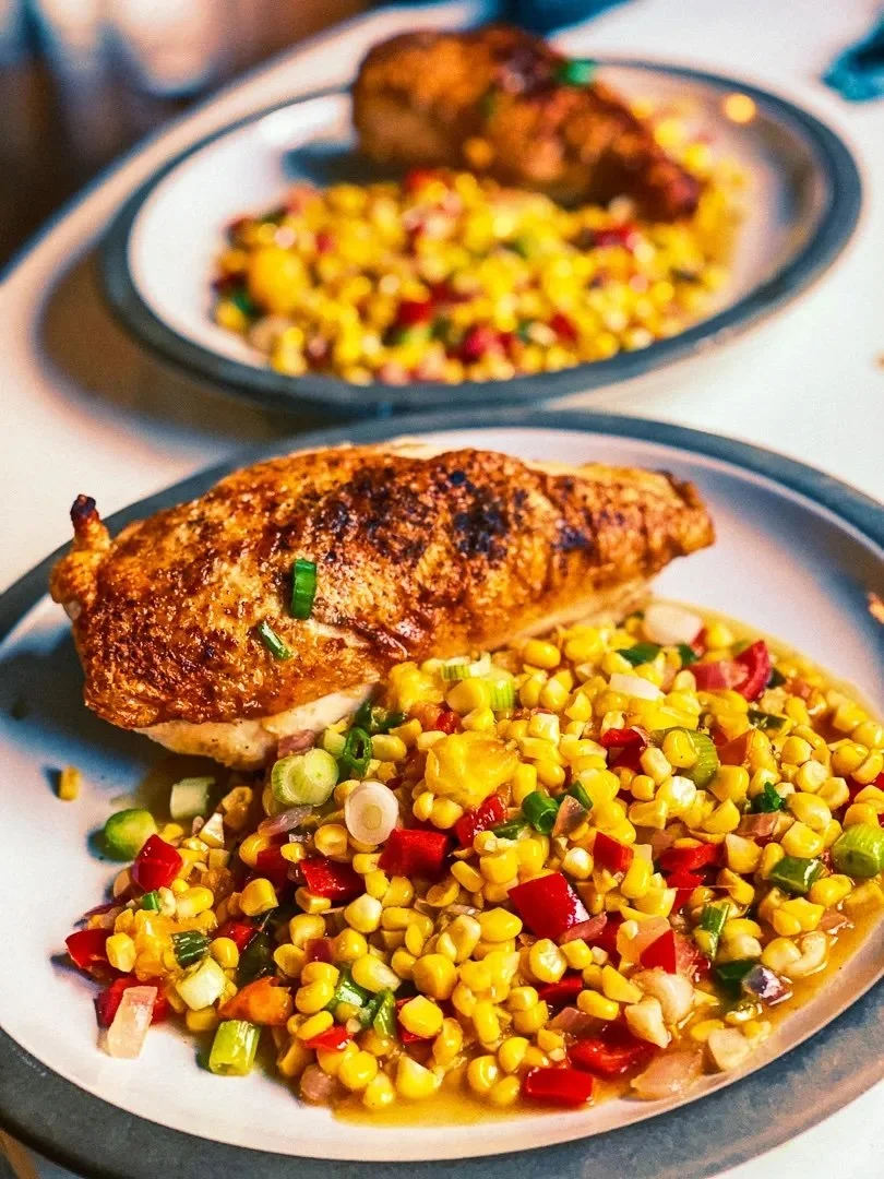 Skillet Chicken Breasts with Corn, Peppers, and Scallions