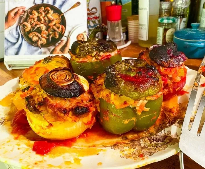 Stuffed Onions, Peppers, and Tomatoes with Sausage and Rice