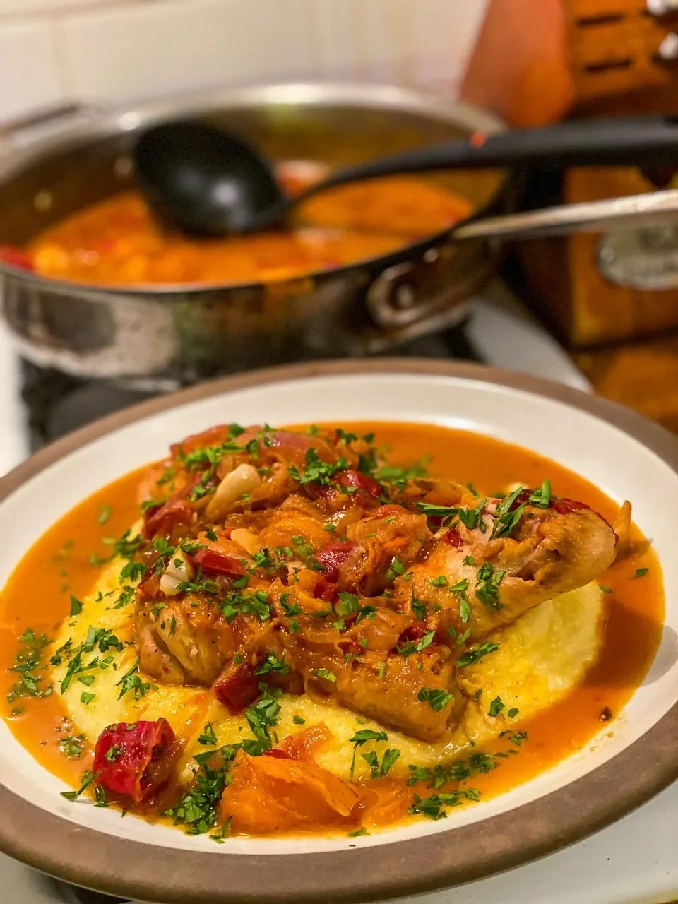 One Chicken, Three Meals: Braised Chicken Over Polenta, Chicken Cabbage Salad, and Tomato Pasta with Chicken Jus