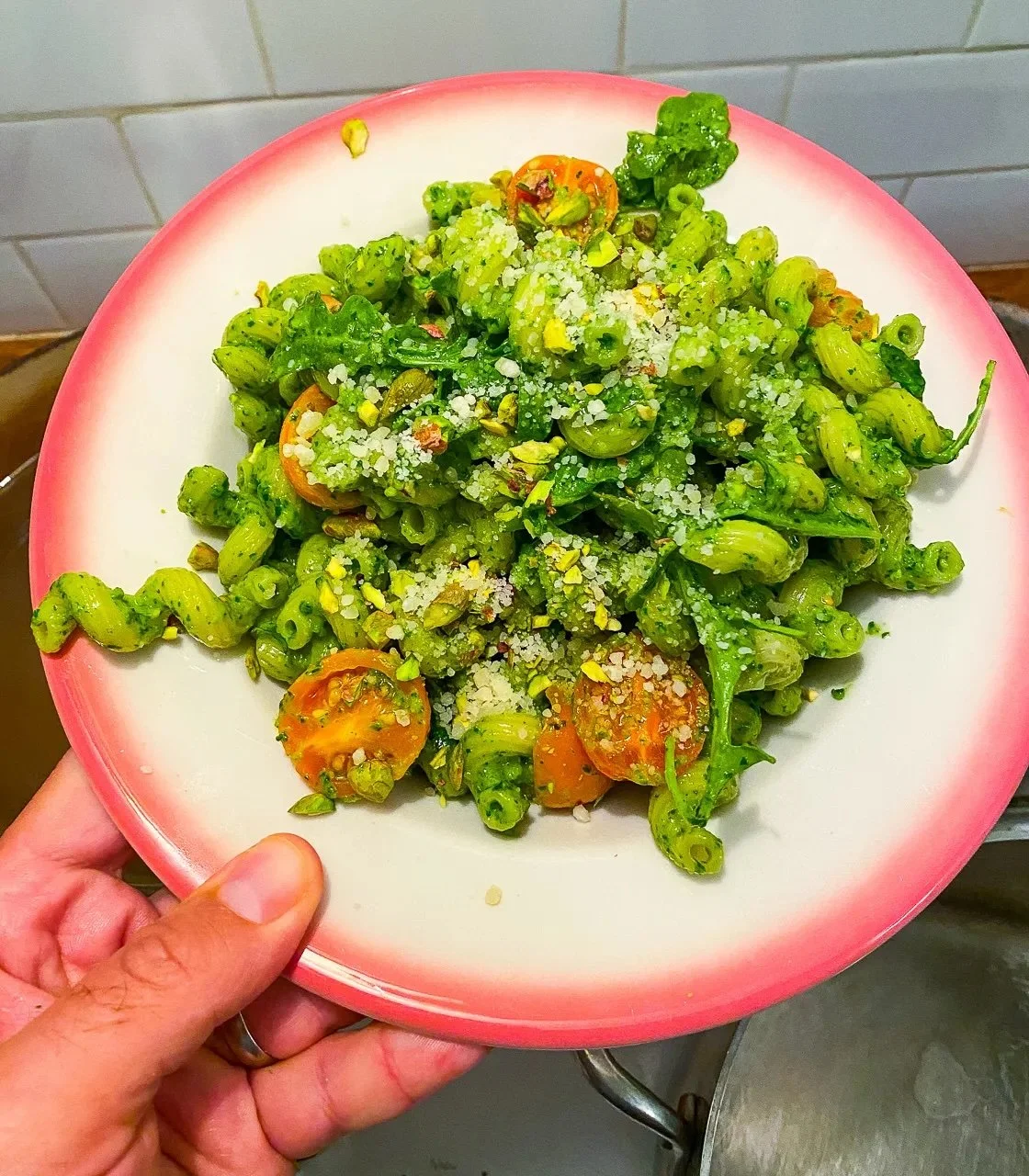 Cavatappi with Pistachio Arugula Pesto and Sun Gold Tomatoes