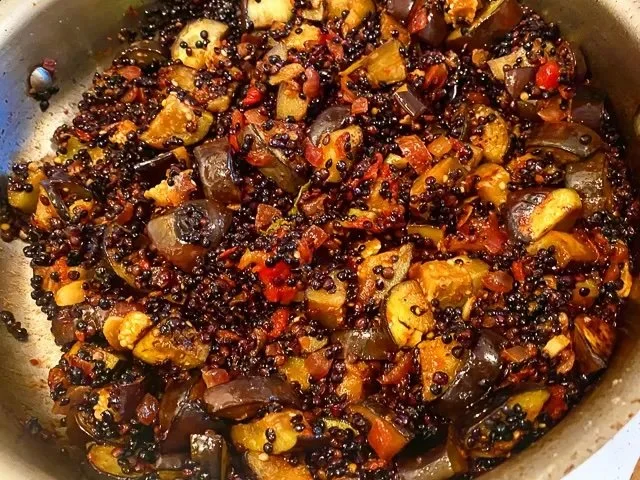 Spicy Black Lentils with Charred Eggplant and Urfa Chili
