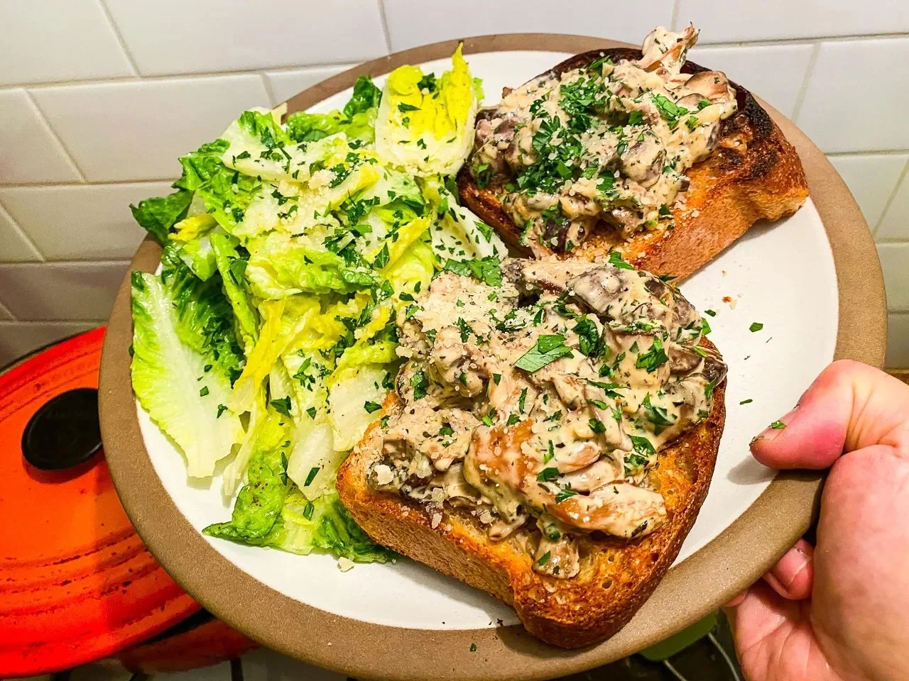 I’d Like To Propose A Toast For Dinner (Creamed Mushroom Toast with Little Gem Salad + Baba Ganoush Toast with Scarlett Runner Beans)