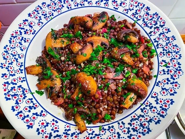 French Green Lentils with Bacon, Red Wine, and Mushrooms