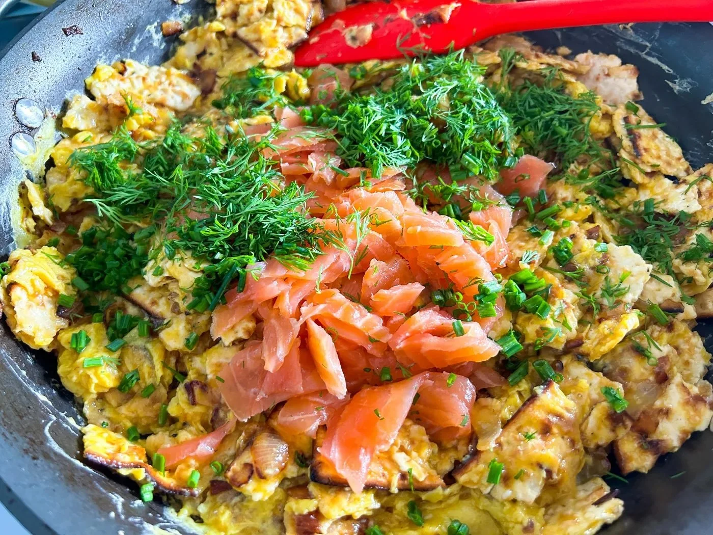 Matzo Brei with Lox, Eggs, and Onions