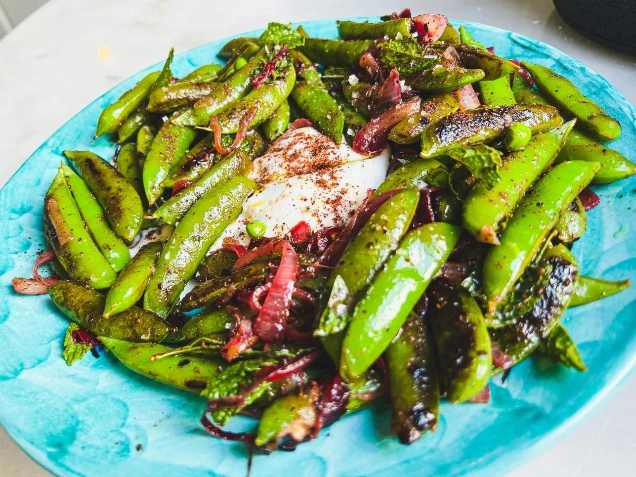 Scorched Sugar Snap Peas with Burrata