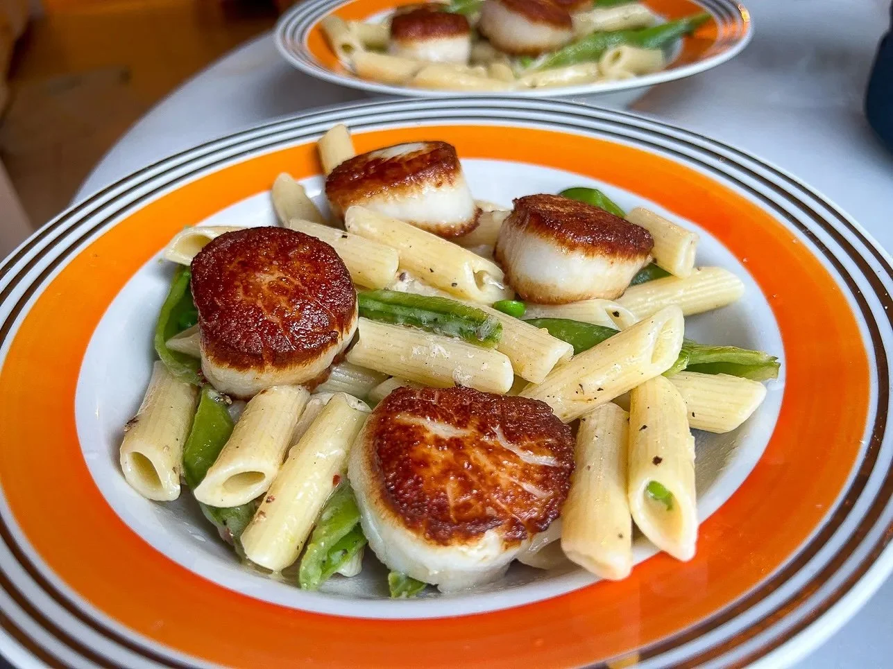 Seared Scallops on Sugar Snap Cacio e Pepe