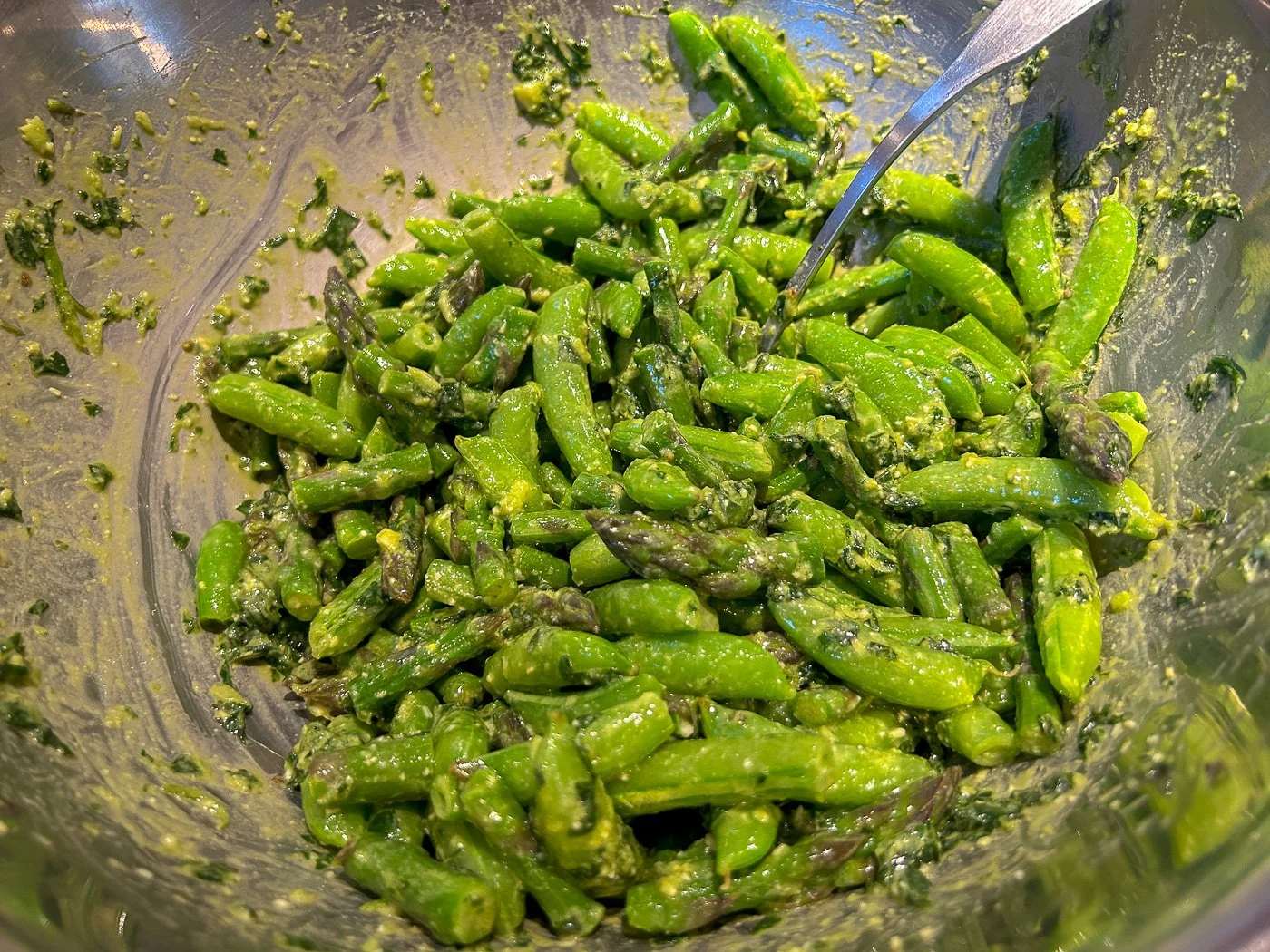 Sugar Snap Peas and Asparagus with Hand-Pounded Pesto