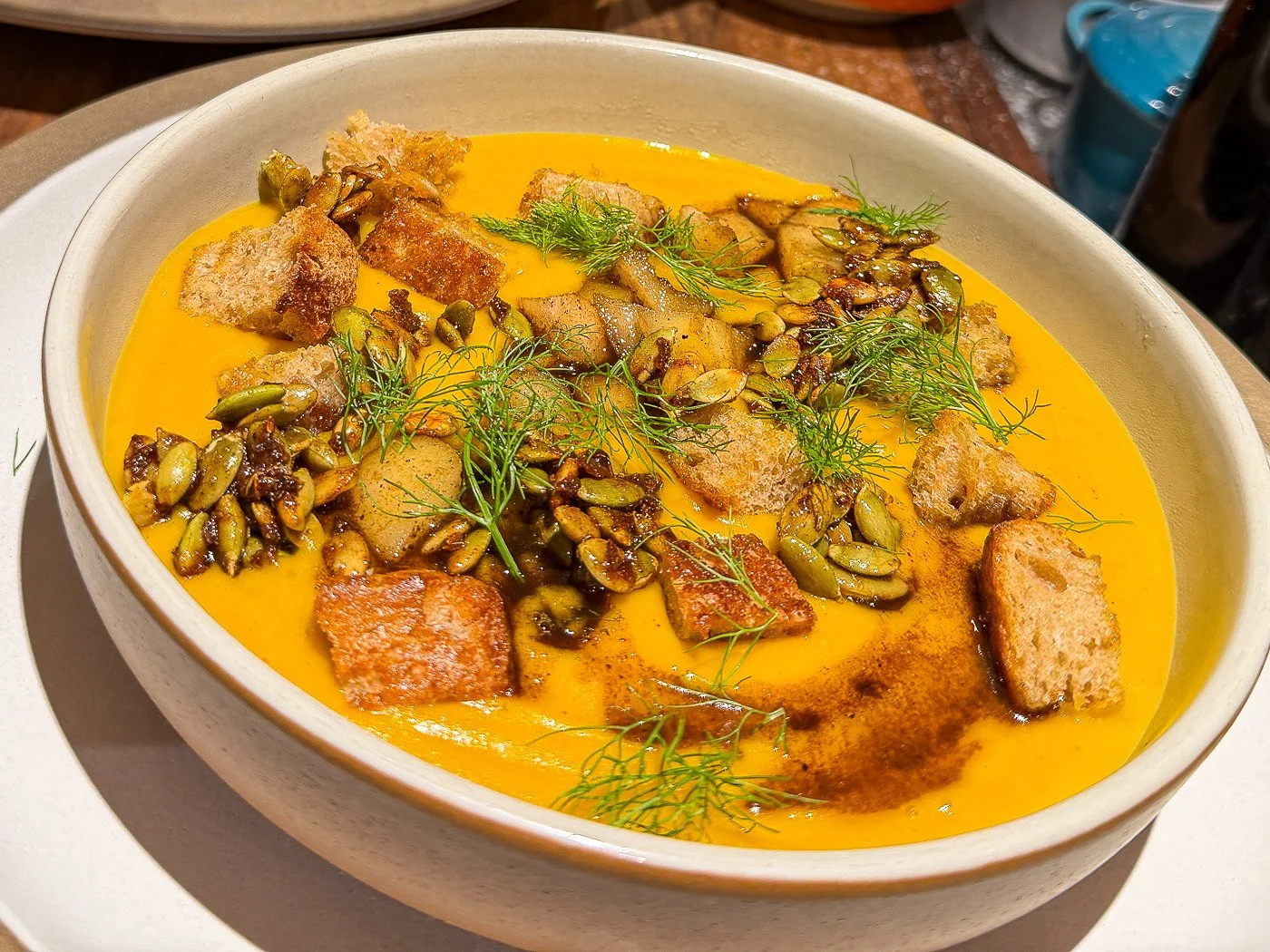 Spicy Fennel and Squash Soup with Candied Pepitas and Balsamic Pears