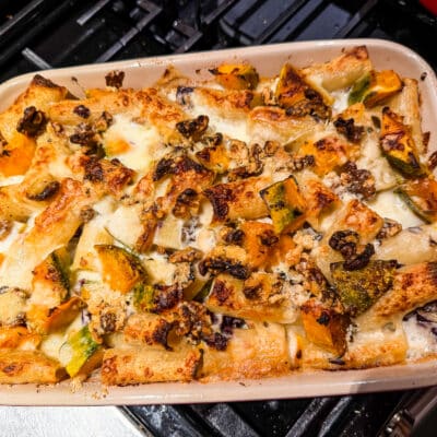 Baked pasta with squash, radicchio, walnuts, and taleggio.