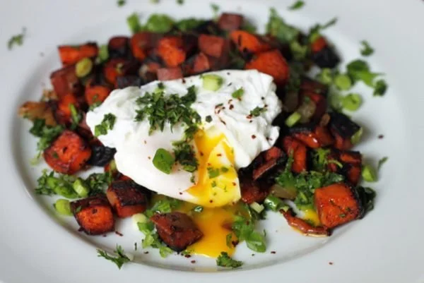 Sweet Potato Hash w/Aleppo Pepper and Poached Egg