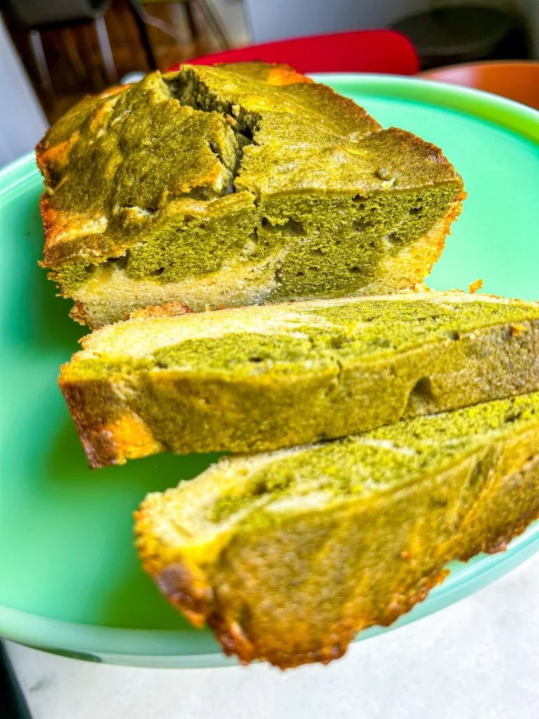 sliced marble matcha pound cake