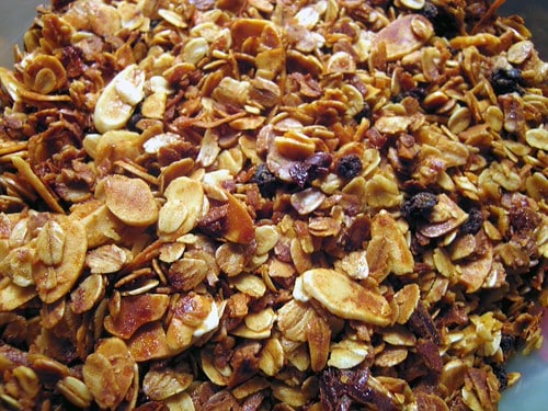 When friends are over at 1 am watching “Reno 911” you might make this granola, but start it earlier because they’ll be gone by the time it’s done.